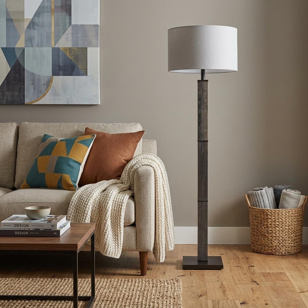 62" Black Wood And Metal Floor Lamp With Light Gray Fabric Drum Shade