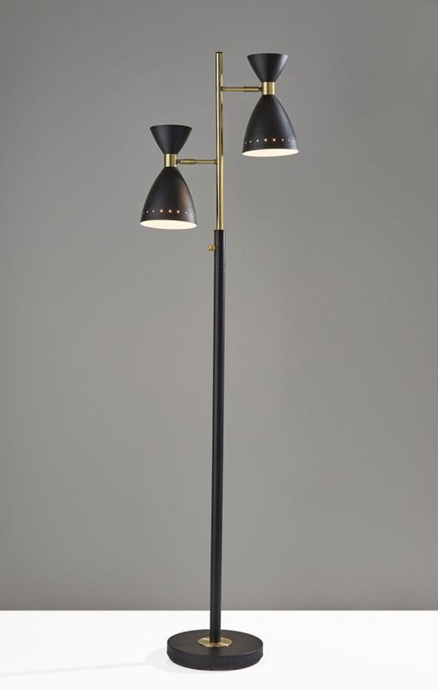 68" Black And Gold Metal Two Light Task Floor Lamp With Black Metal Cone Shade