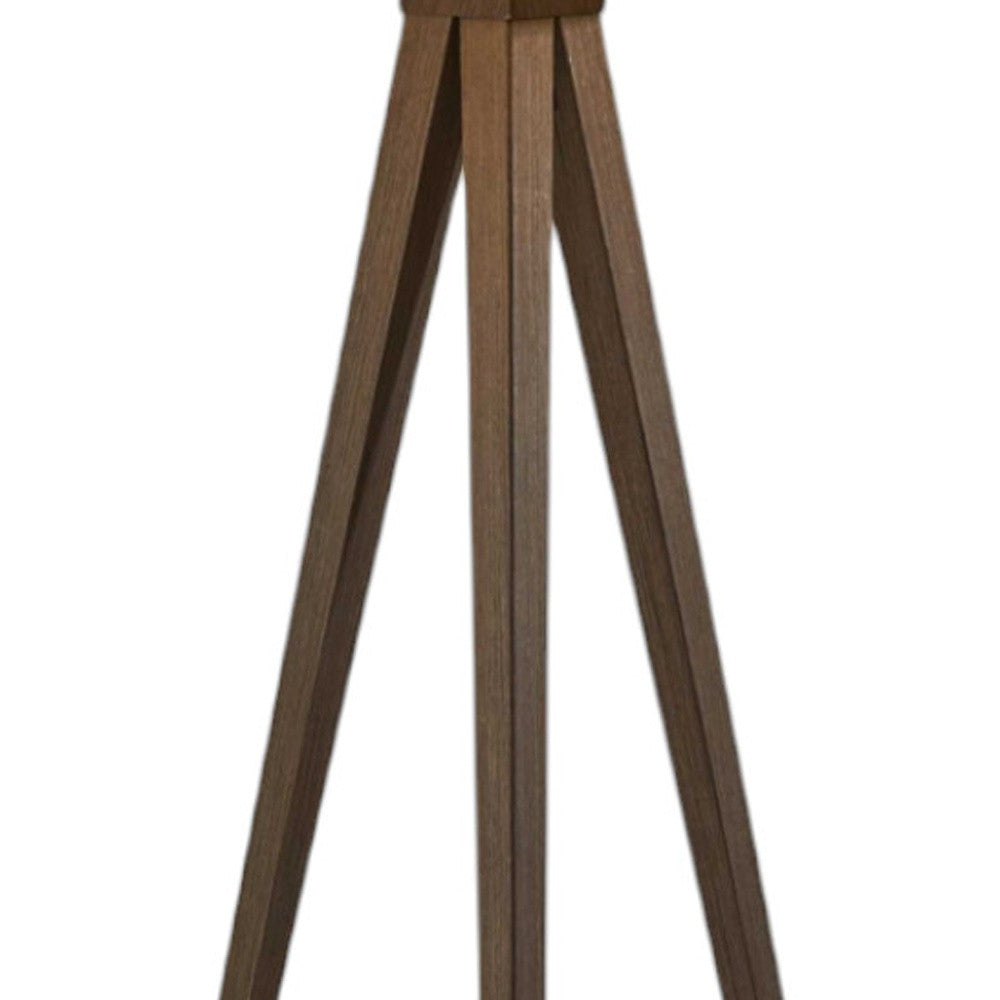 60" Brown And White Tripod Floor Lamp With White Linen Drum Shade