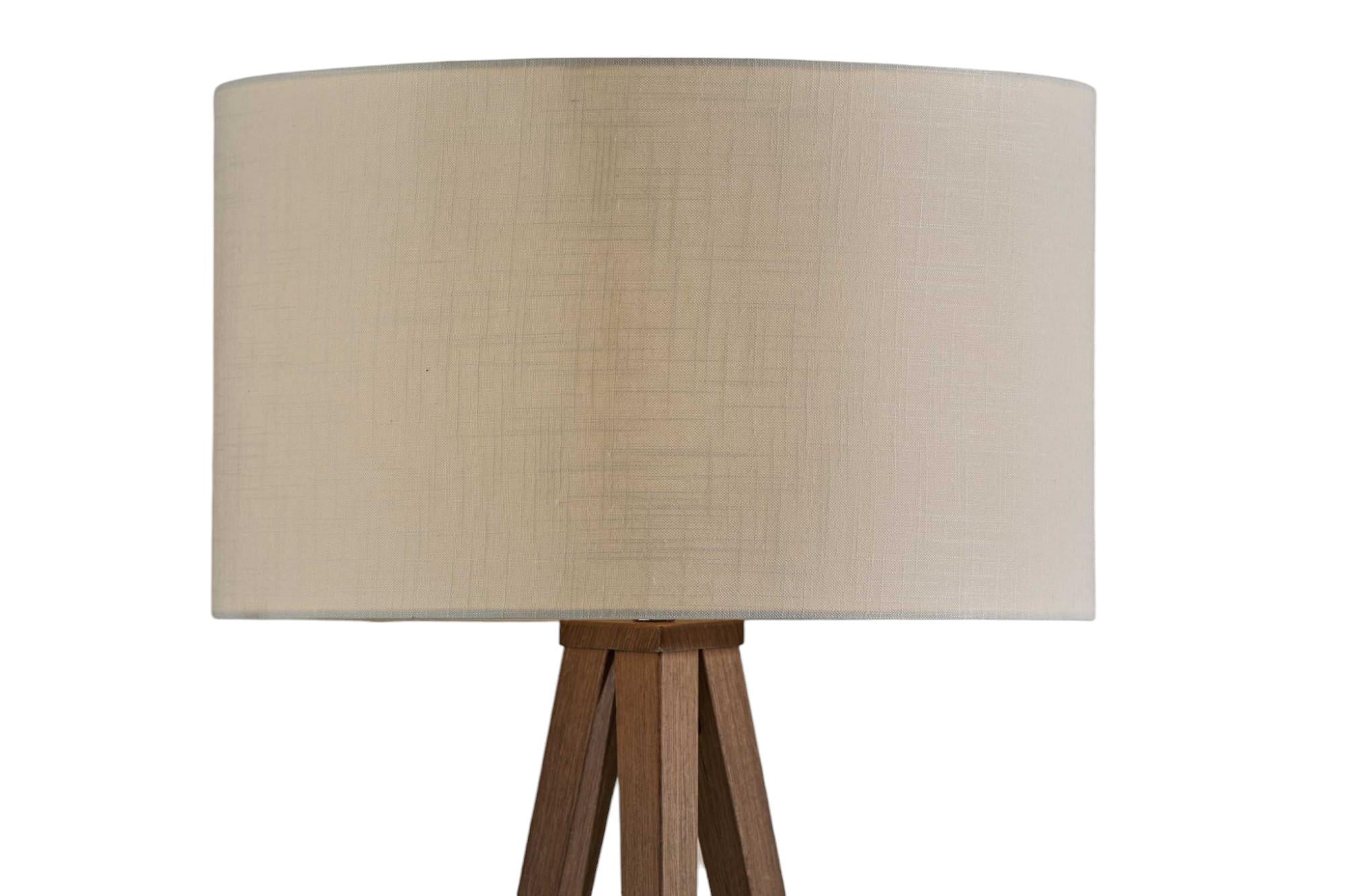 60" Brown And White Tripod Floor Lamp With White Linen Drum Shade