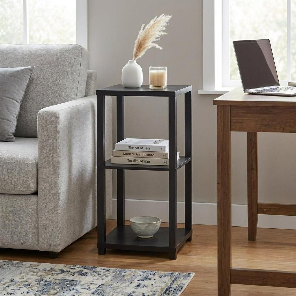 28" Black Square End Table With Two Shelves