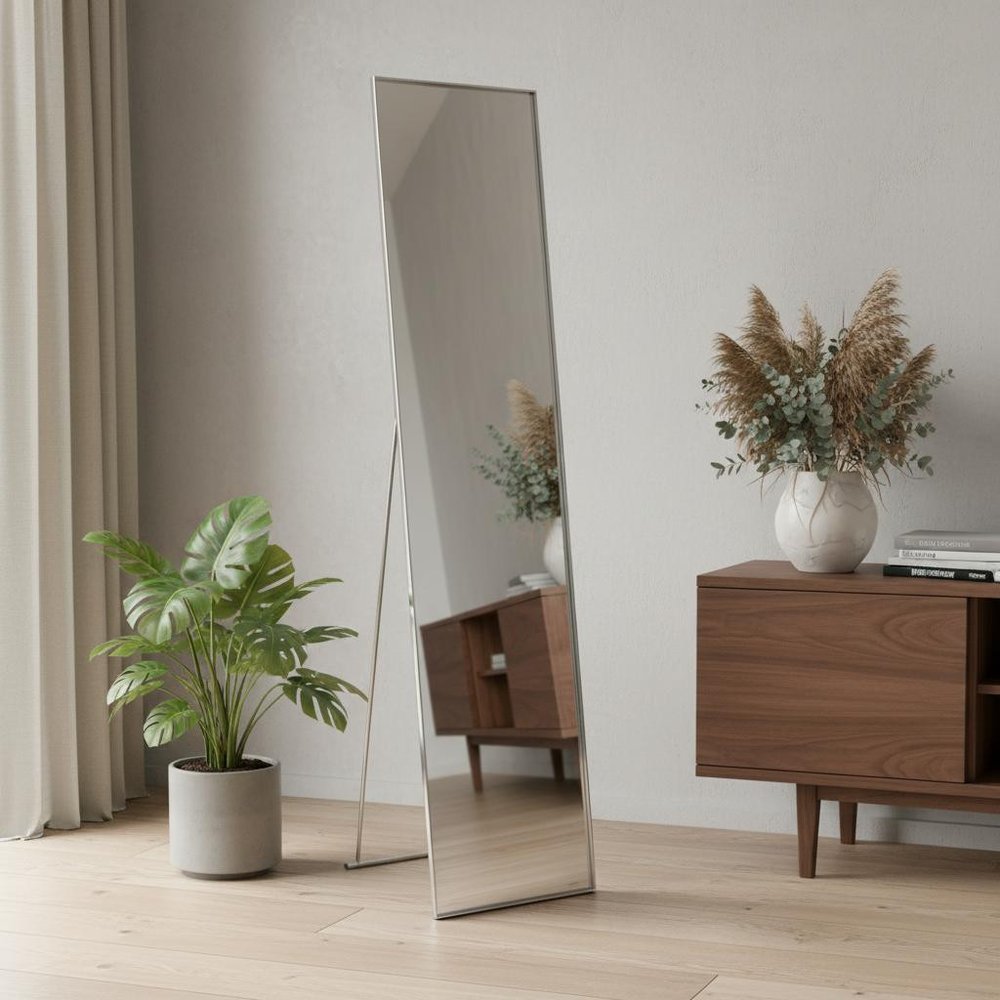 59" Silver Metal Framed Cheval Standing Mirror