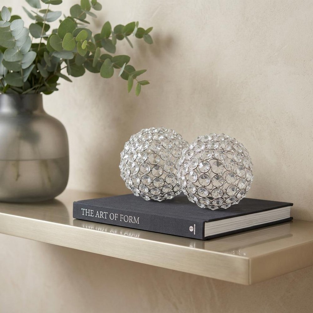 Set of Two Silver And Clear Faux Crystal And Metal Orb Decorative Tabletop Sculptures