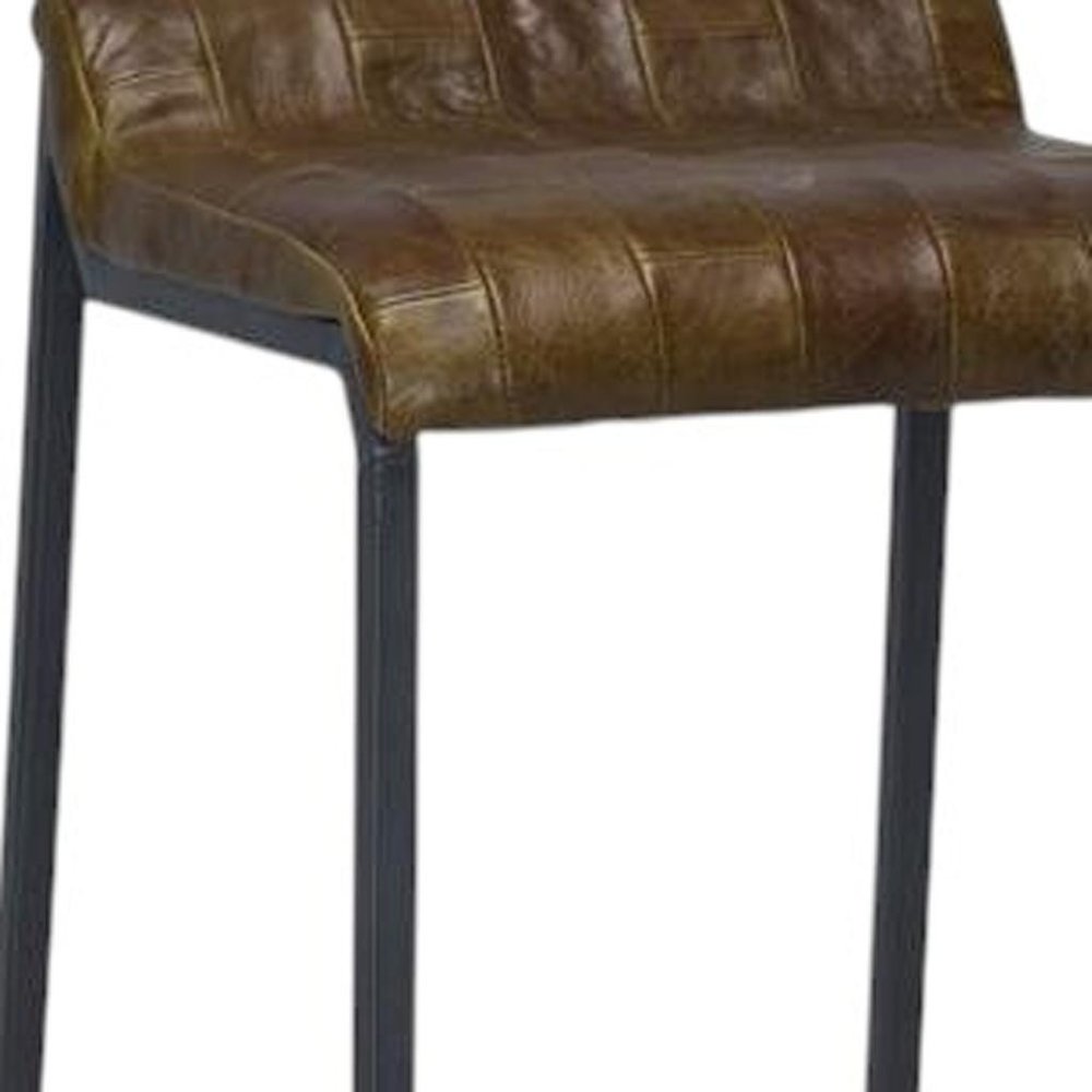 27" Brown And Black Genuine Leather And Iron Backless Counter Height Bar Chair