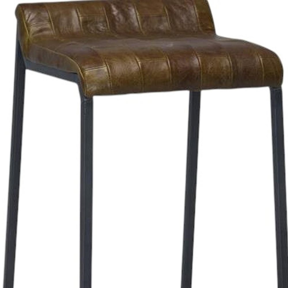 27" Brown And Black Genuine Leather And Iron Backless Counter Height Bar Chair