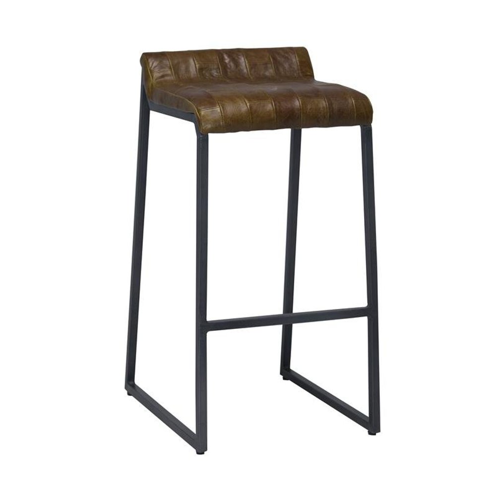 27" Brown And Black Genuine Leather And Iron Backless Counter Height Bar Chair