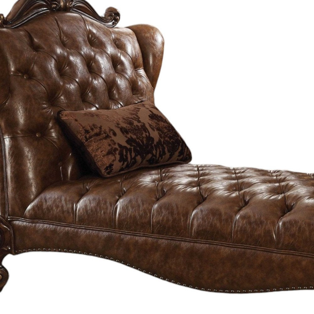 76" Brown and Dark Brown Faux Leather Tufted Lounge Chair And Toss Pillow