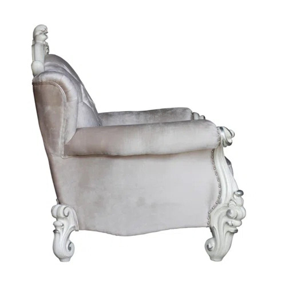 44" Ivory and Antiqued White Fabric Damask Tufted Chair and a Half And Toss Pillows