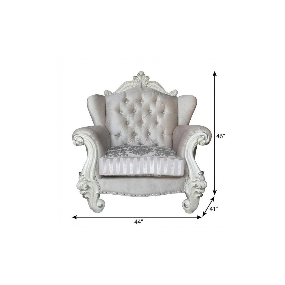 44" Ivory and Antiqued White Fabric Damask Tufted Chair and a Half And Toss Pillows