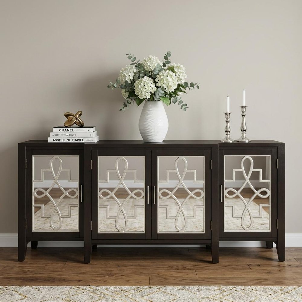72" Gray And Silver Mirrored Wood Distressed Solid Console Table