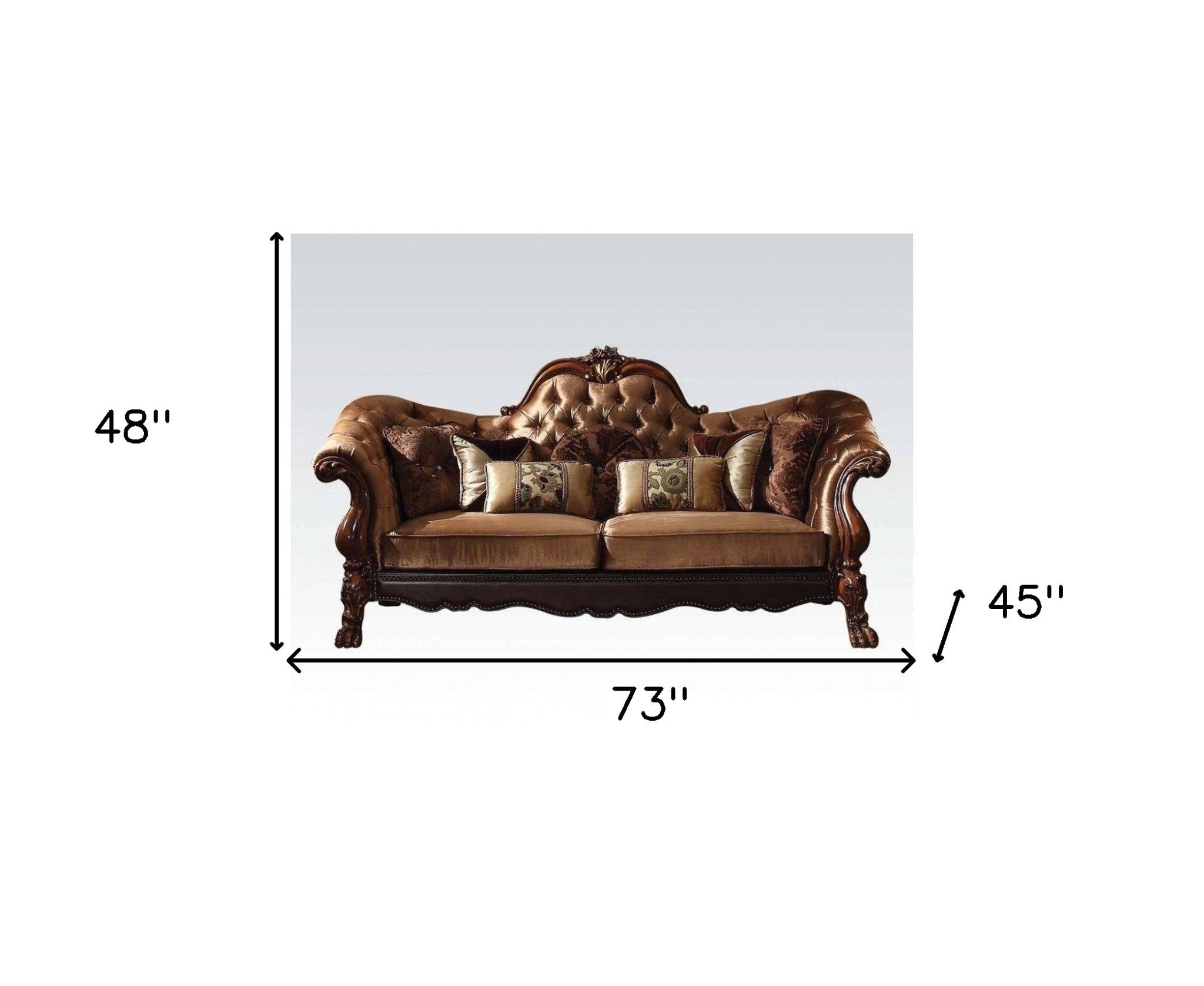 73" Dark Brown And Brown Velvet Chesterfield Loveseat and Toss Pillows