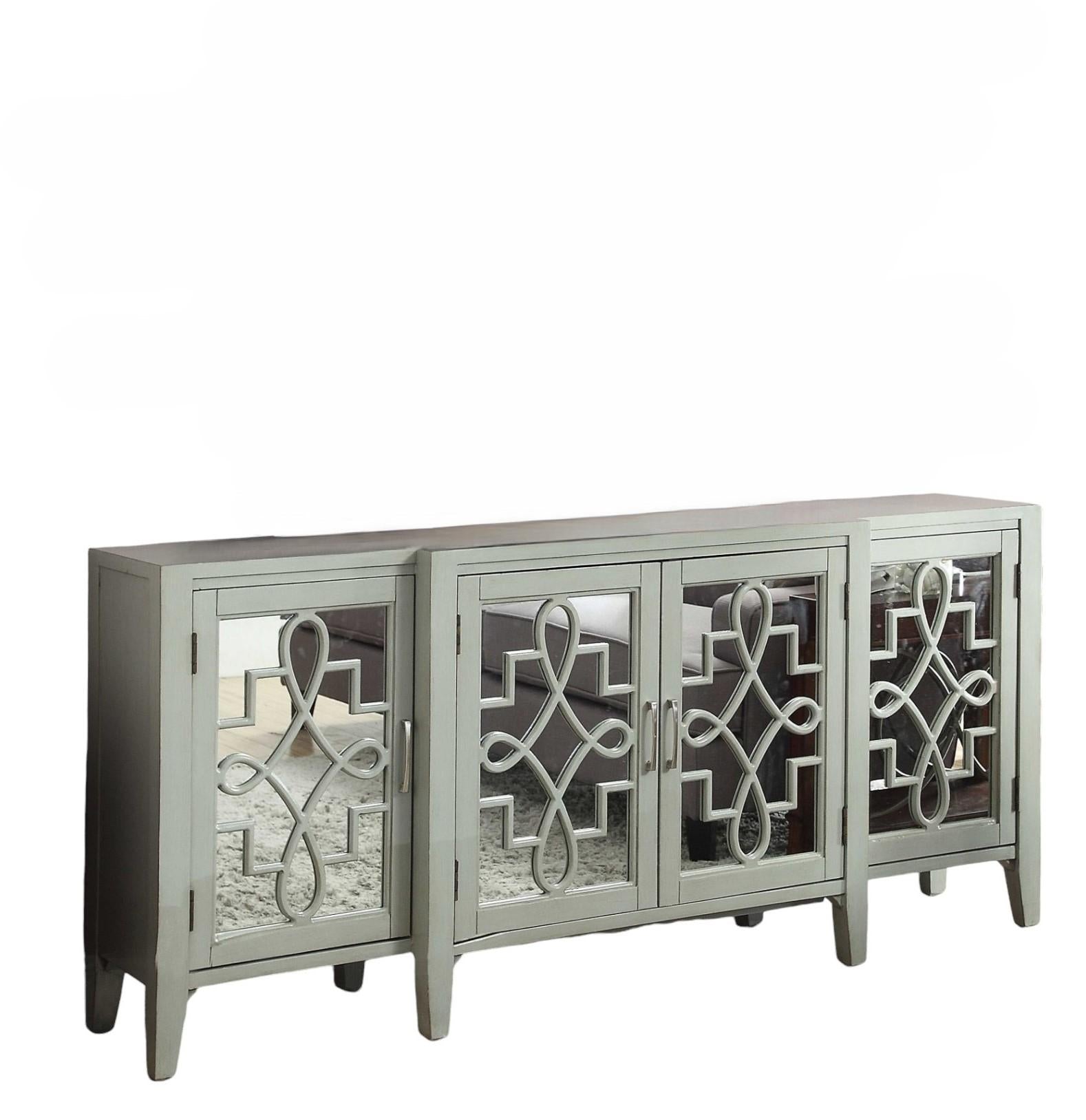 72" Gray and Silver Mirrored Wood and Glass Distressed Solid Console Table