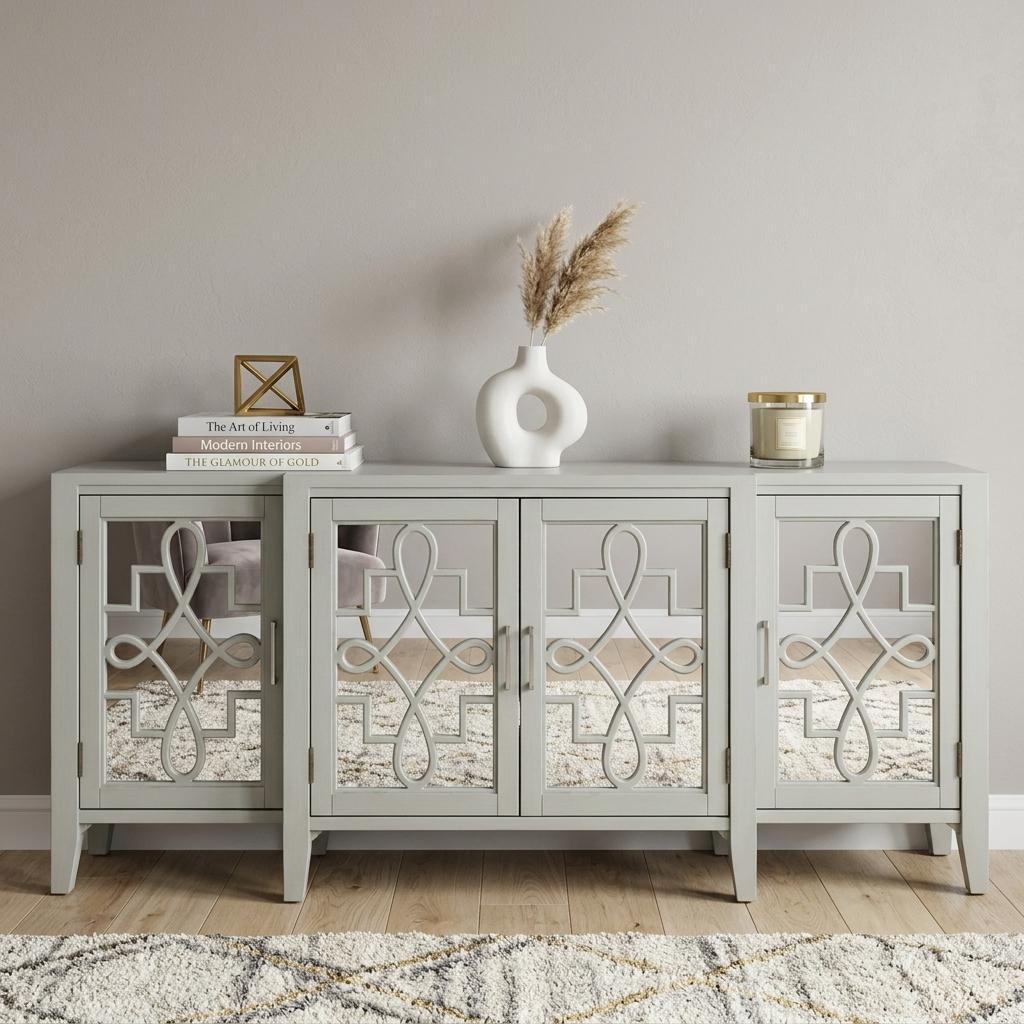 72" Gray and Silver Mirrored Wood and Glass Distressed Solid Console Table