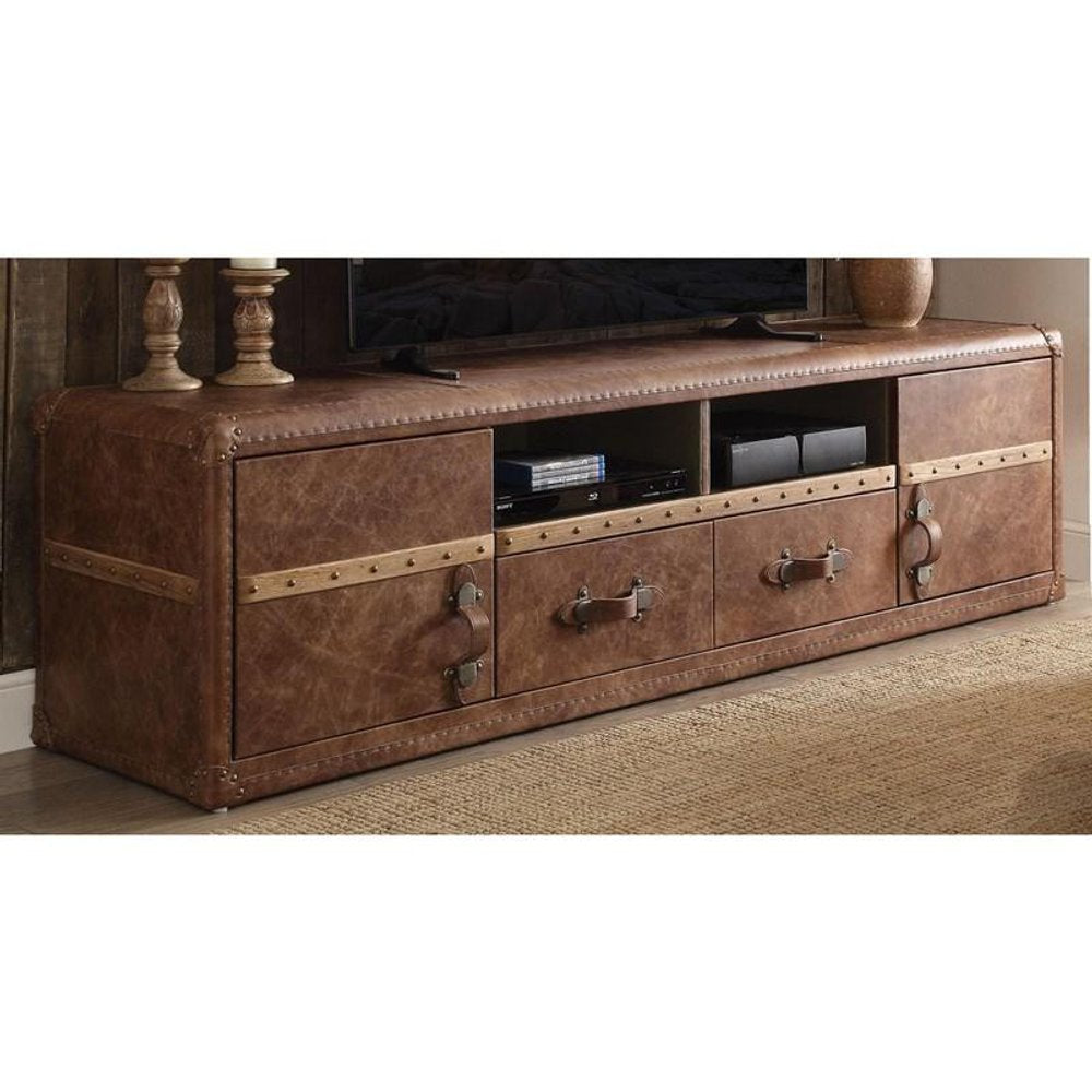 80" Brown Leather Enclosed and Open Storage TV Stand