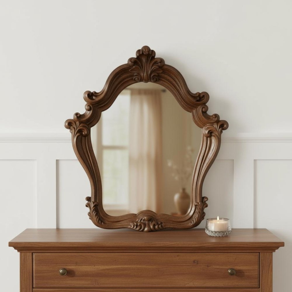 47" White And Silver Abstract Wood Framed Antiqued Glass Mounted Dresser Mirror