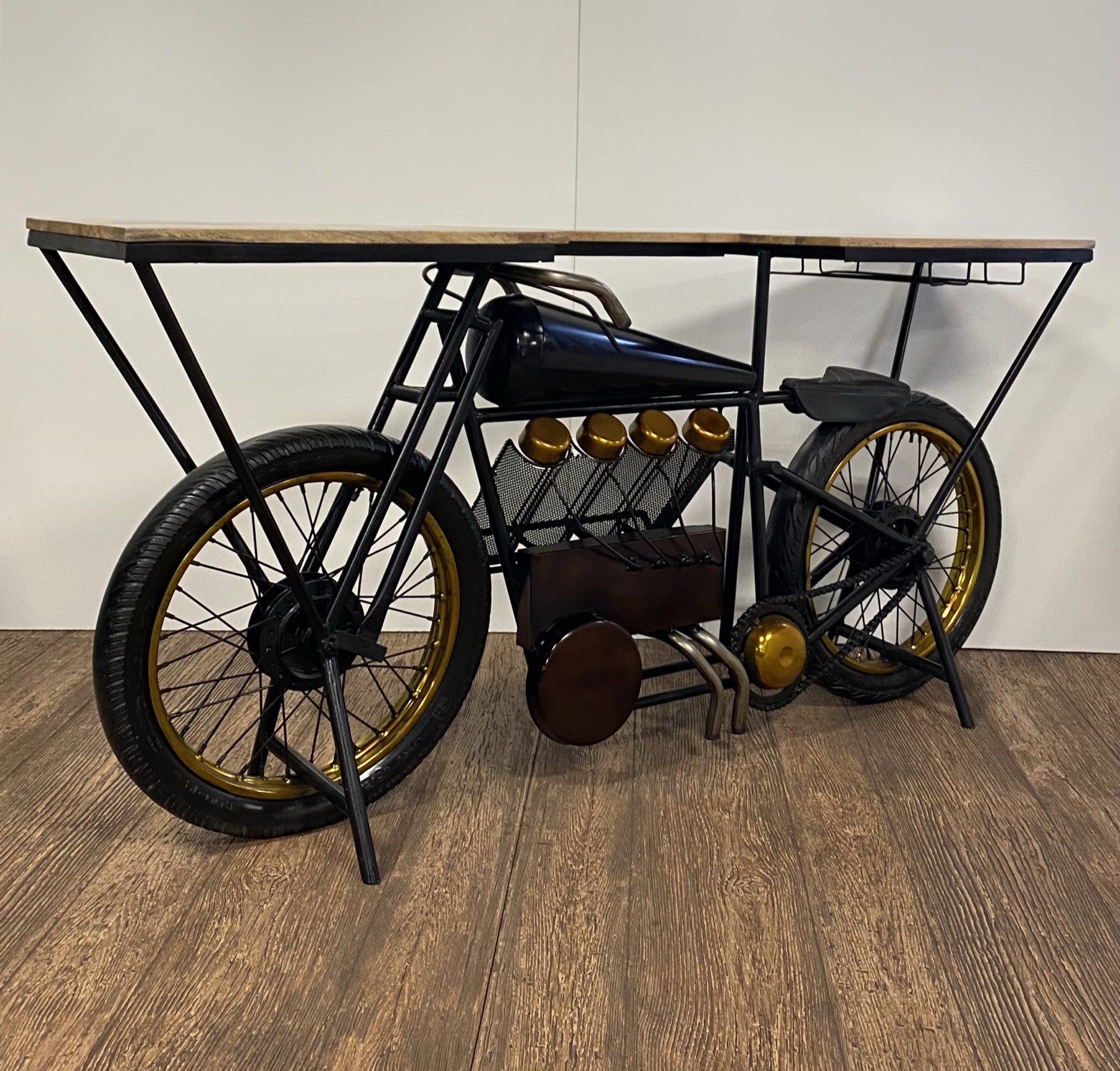 17" Black Metal and Solid Wood Motorcycle Bar Cart With Wine Storage