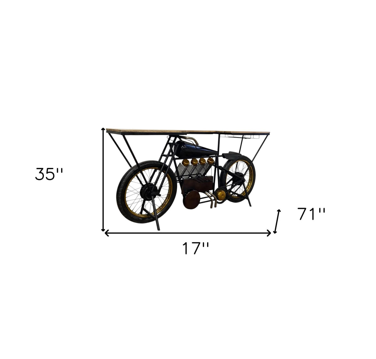 17" Black Metal and Solid Wood Motorcycle Bar Cart With Wine Storage