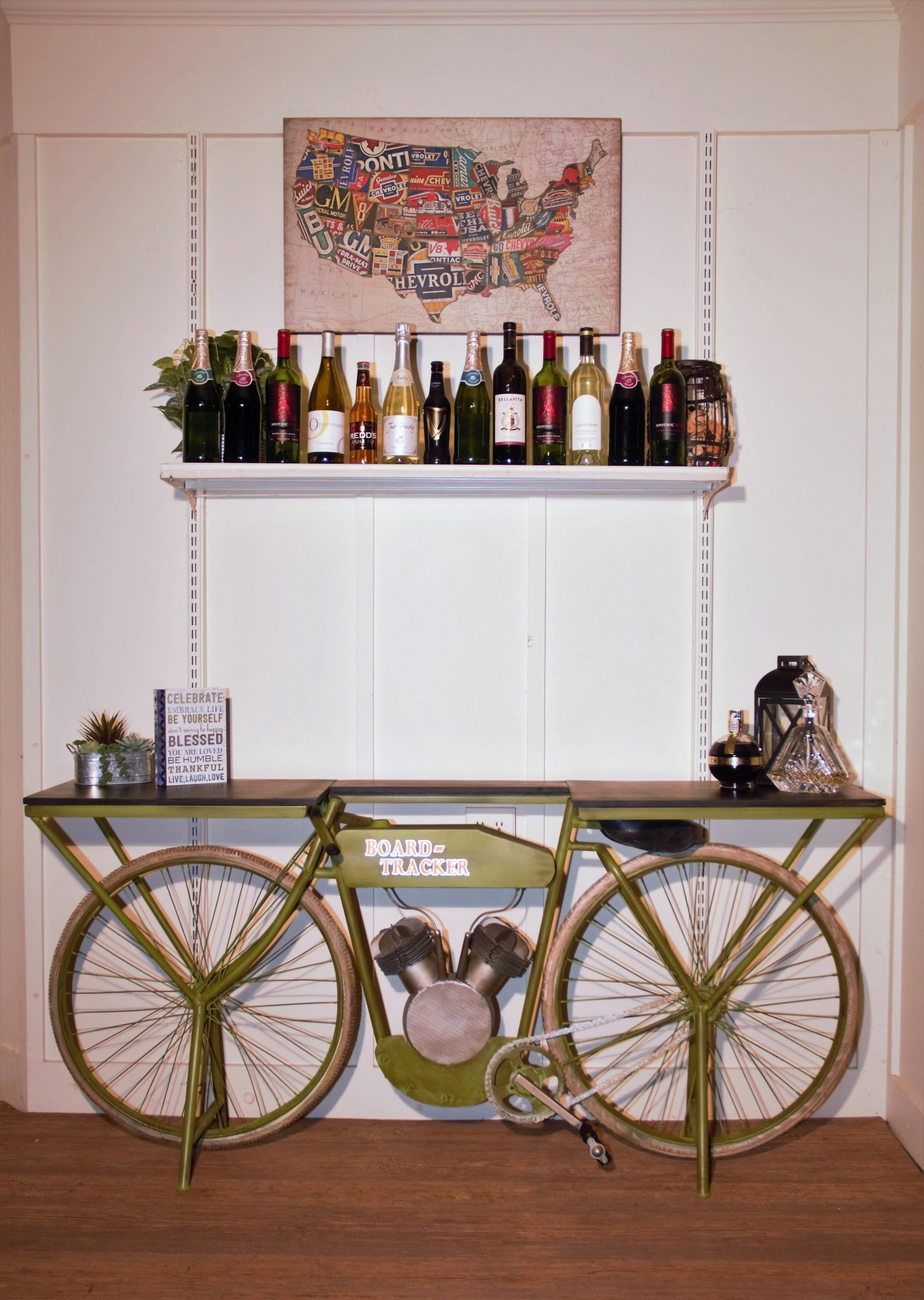 71" Brown and Green Solid Wood and Metal Bike Kitchen Cart