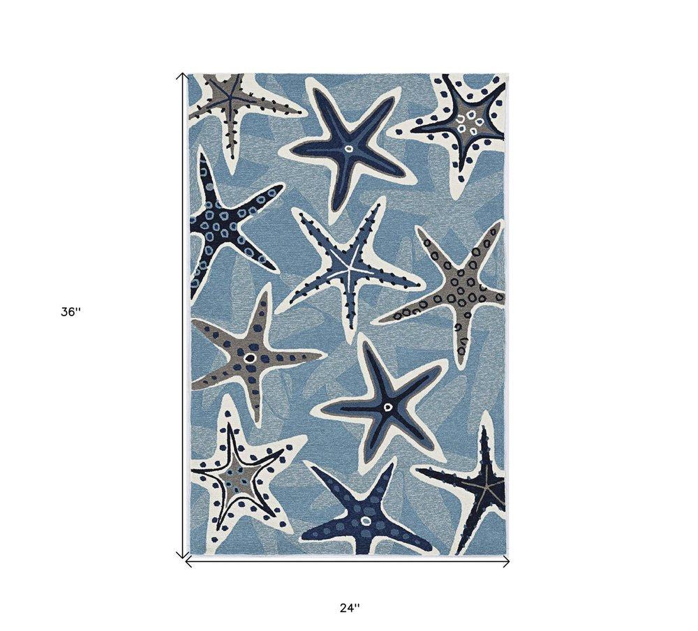 2' X 3' Navy Blue And Aqua Starfish Hand Tufted Area Rug