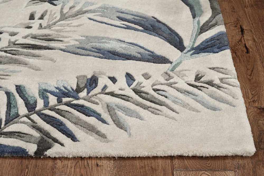 8' Blue And Gray Wool Botanical Leaves Hand Tufted Runner Rug