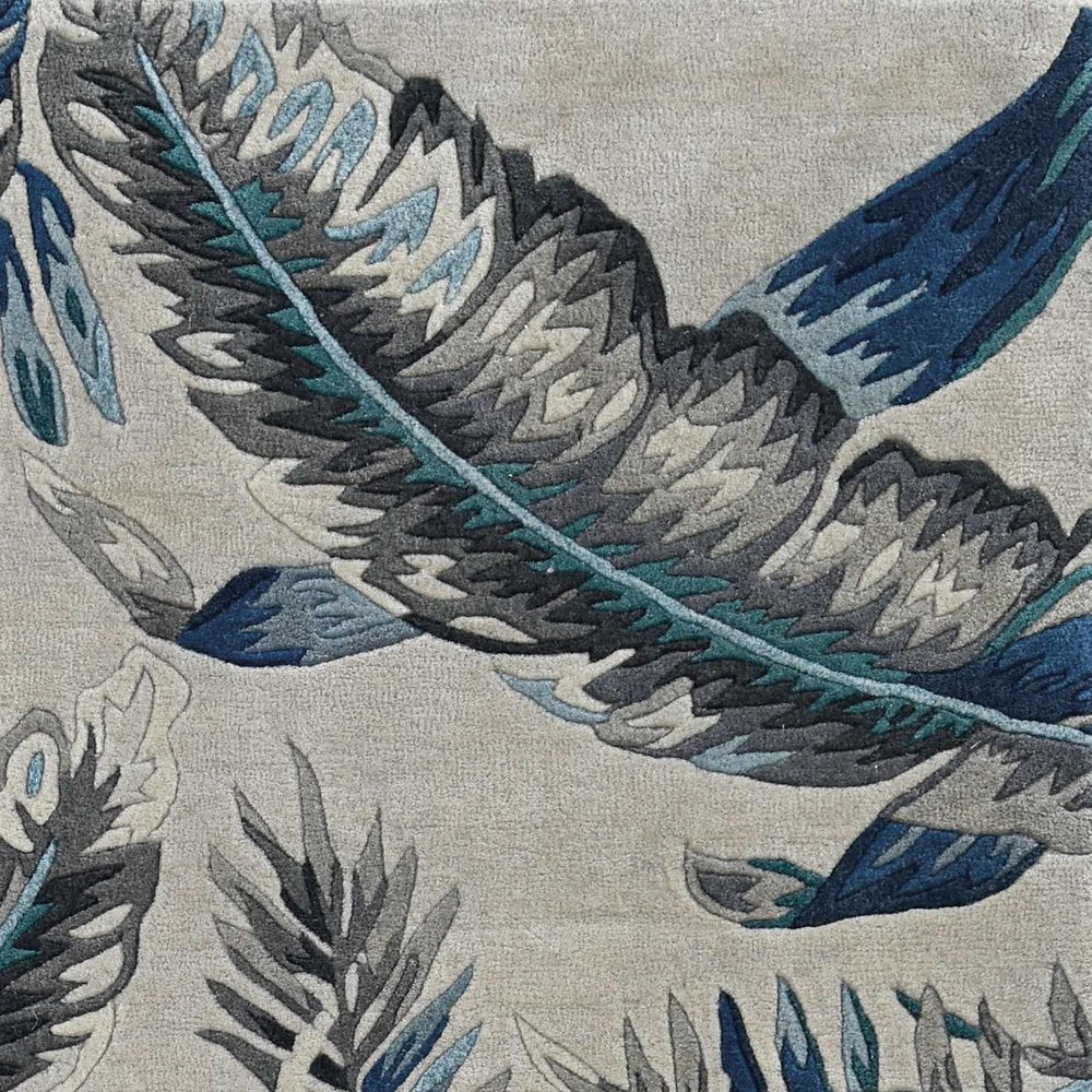 8' Blue And Gray Wool Botanical Leaves Hand Tufted Runner Rug
