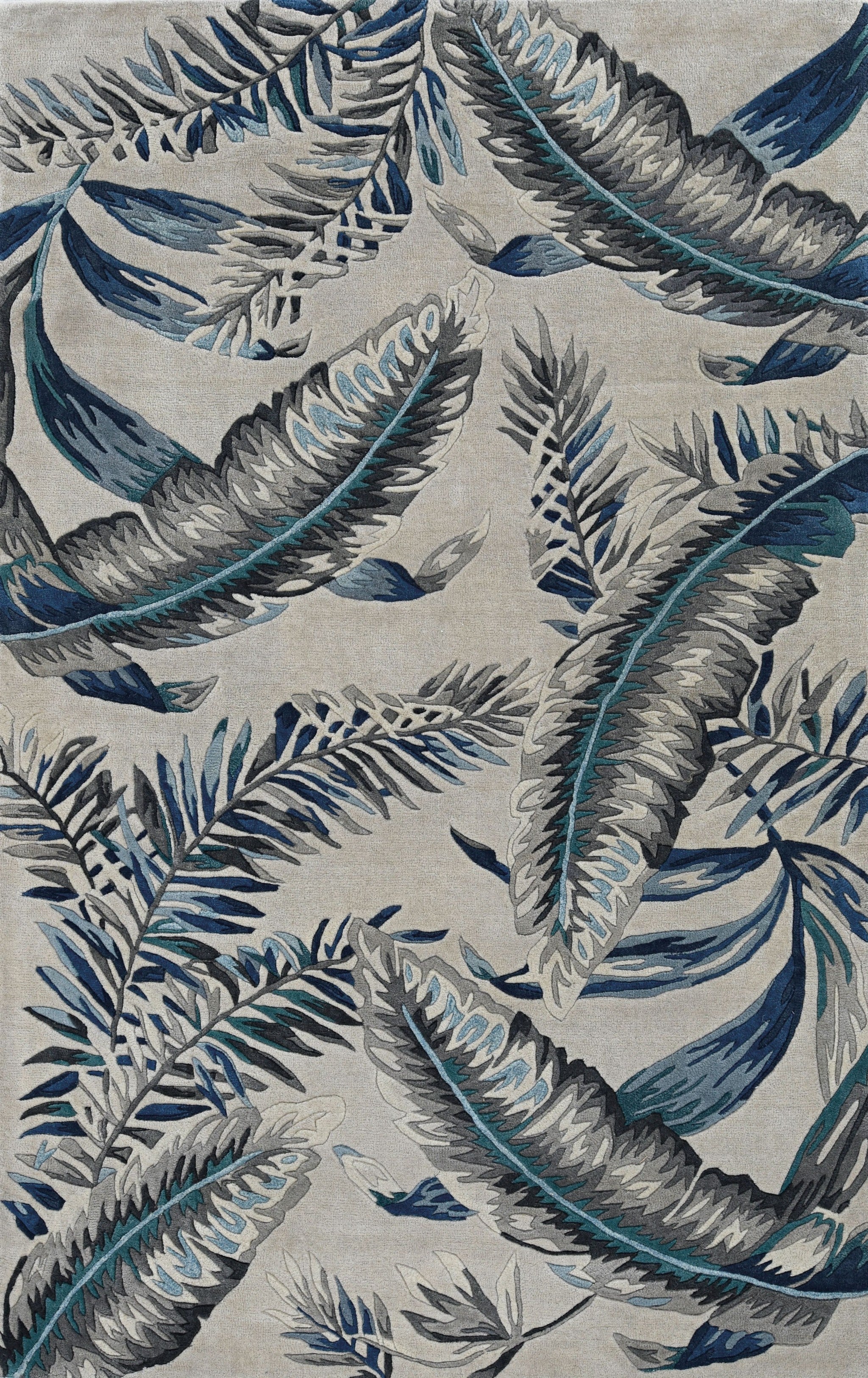 8' Blue And Gray Wool Botanical Leaves Hand Tufted Runner Rug