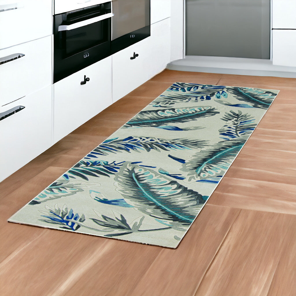 8' Blue And Gray Wool Botanical Leaves Hand Tufted Runner Rug