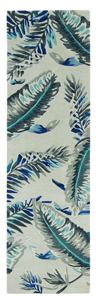 8' Blue And Gray Wool Botanical Leaves Hand Tufted Runner Rug