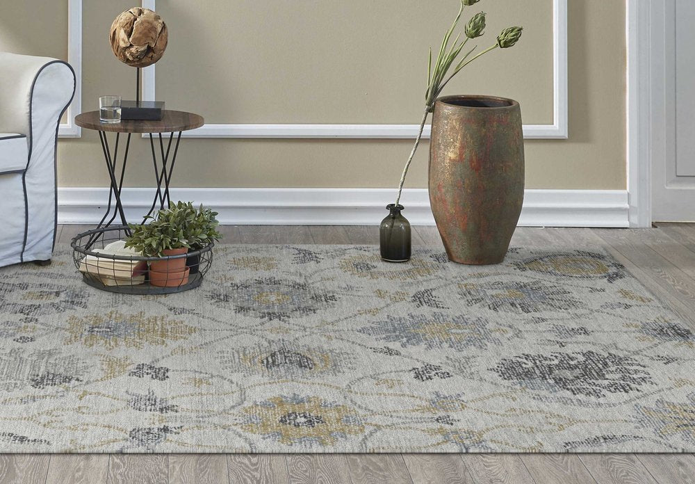 8' Ivory Gray And Green Wool Floral Hand Tufted Runner Rug