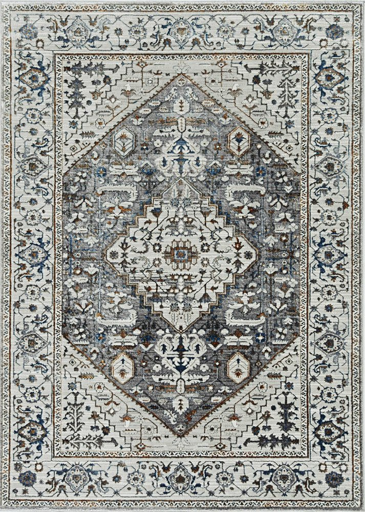 7' Gray Brown And Teal Floral Medallion Area Rug