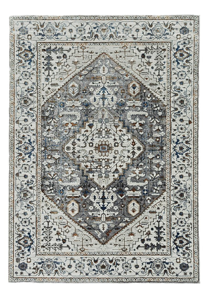 7' Gray Brown And Teal Floral Medallion Area Rug
