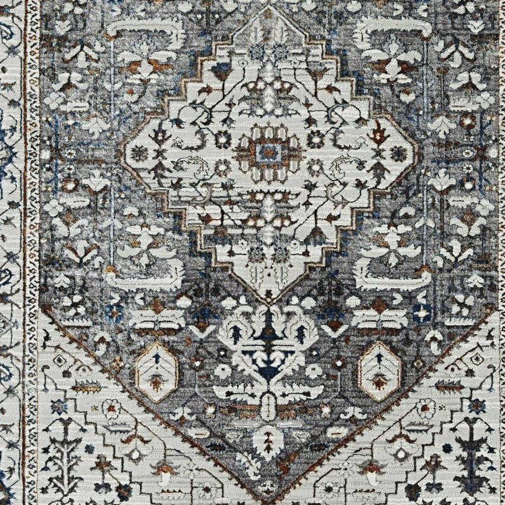 7' Gray Brown And Teal Floral Medallion Area Rug