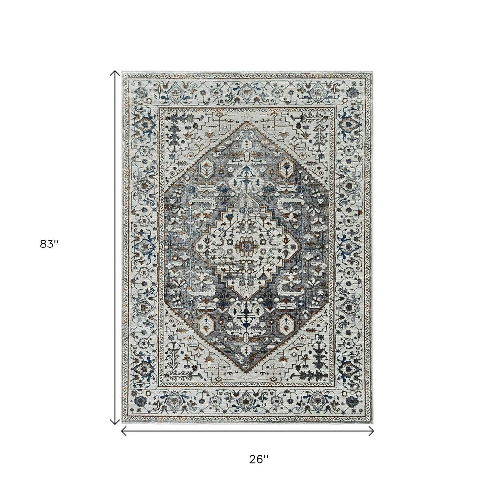 7' Gray Brown And Teal Floral Medallion Area Rug