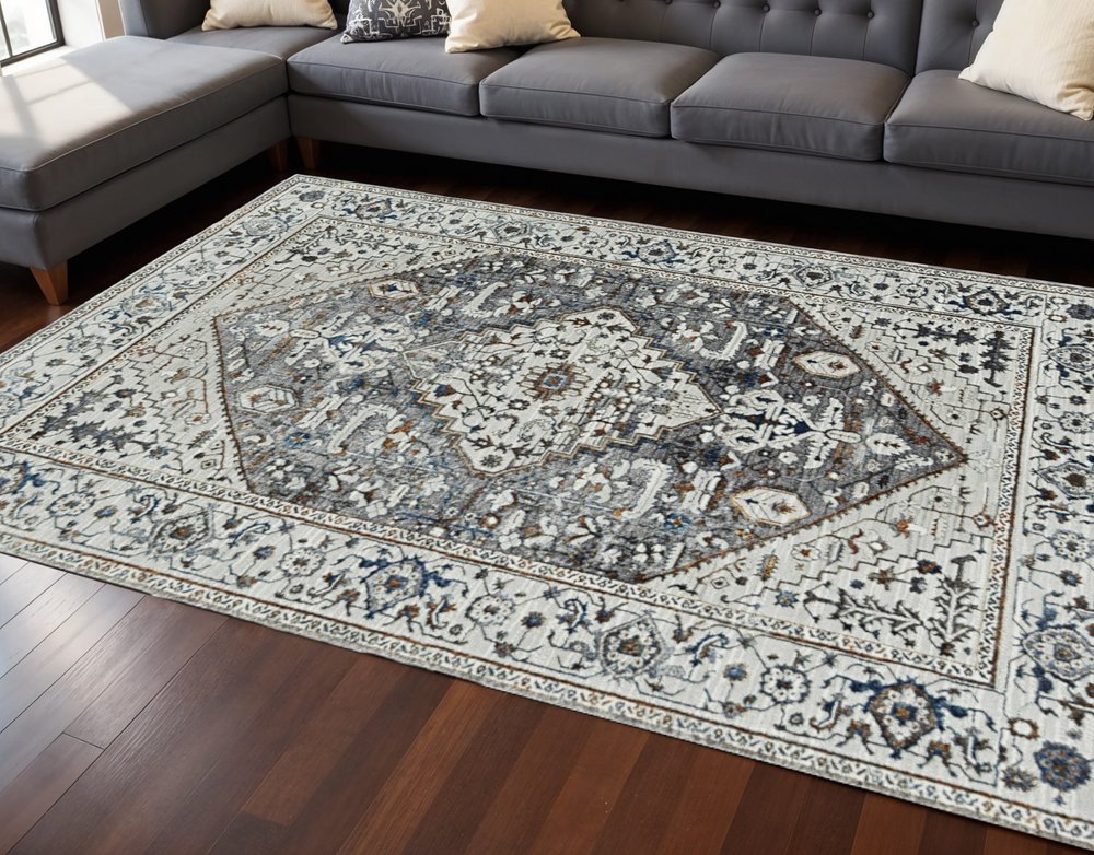 7' Gray Brown And Teal Floral Medallion Area Rug