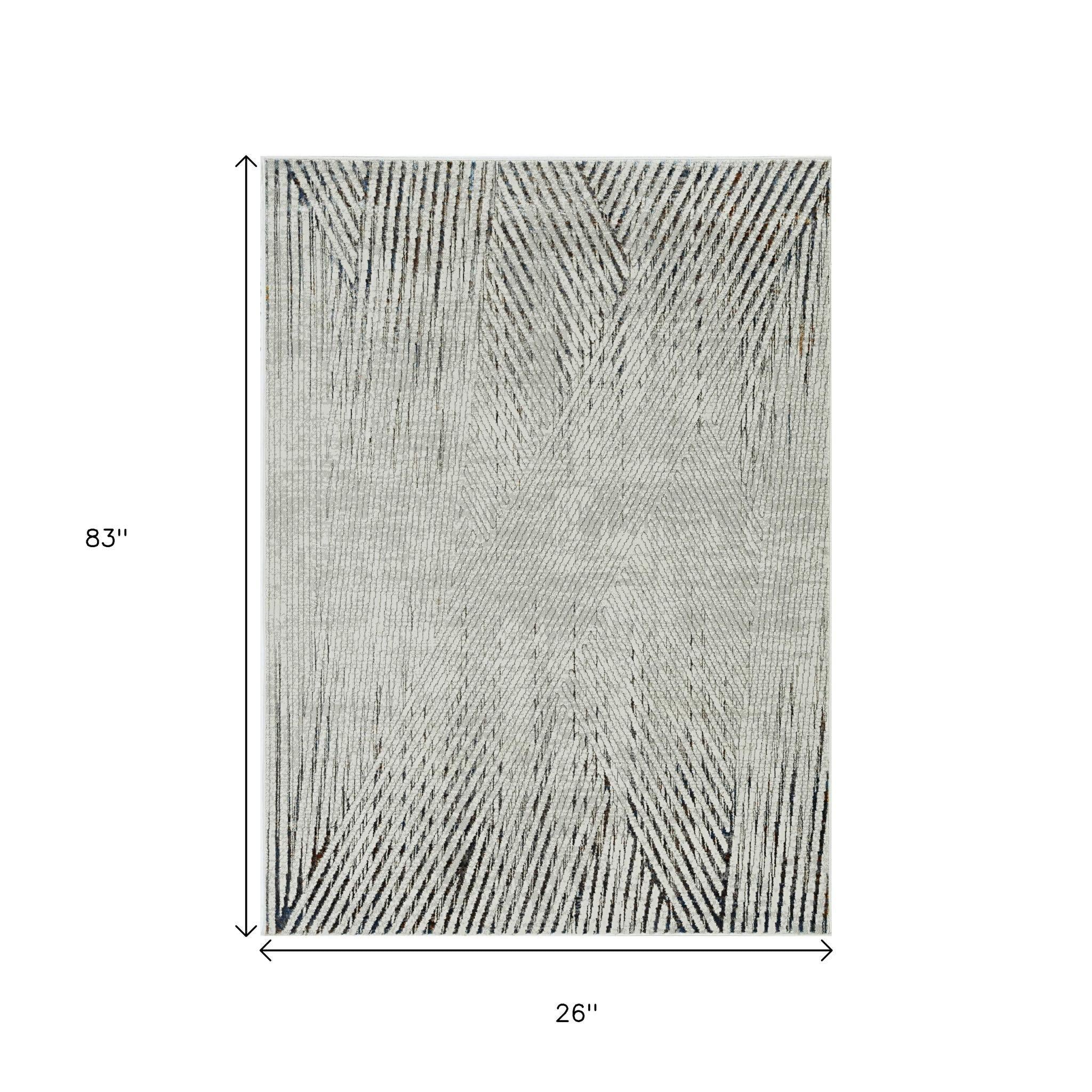 7' Ivory Grey Machine Woven Geometric Lines Indoor Runner Rug