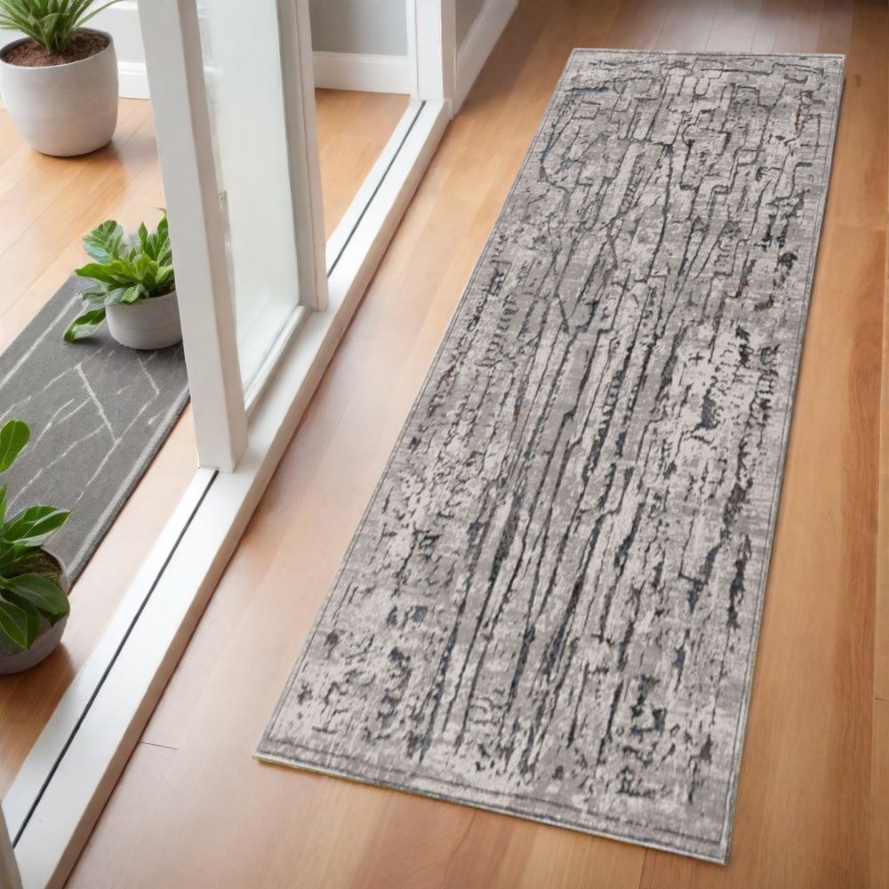 7' Gray And Black Abstract Runner Rug
