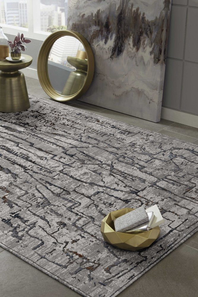 7' Gray And Black Abstract Runner Rug