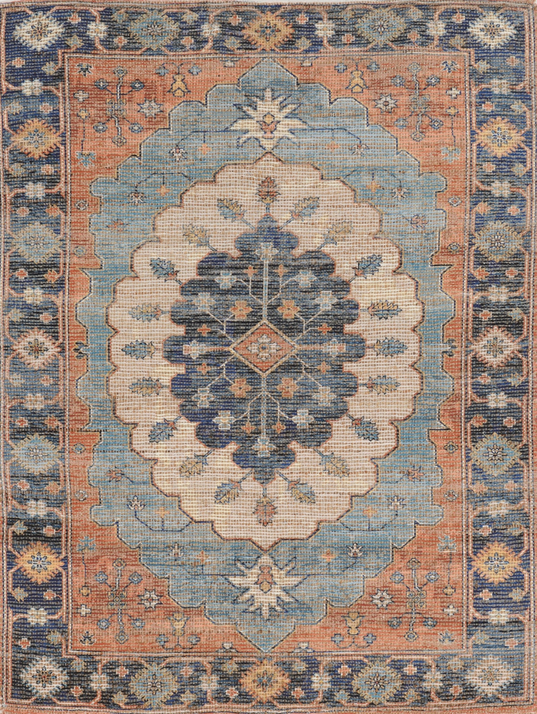 5' X 7' Blue Orange And Black Jute Medallion Hand Woven Area Rug