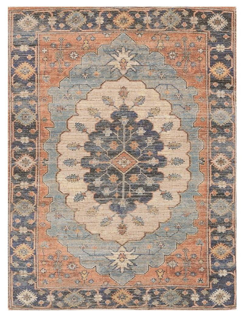 8' X 10' Blue Orange And Black Medallion Hand Woven Distressed Area Rug