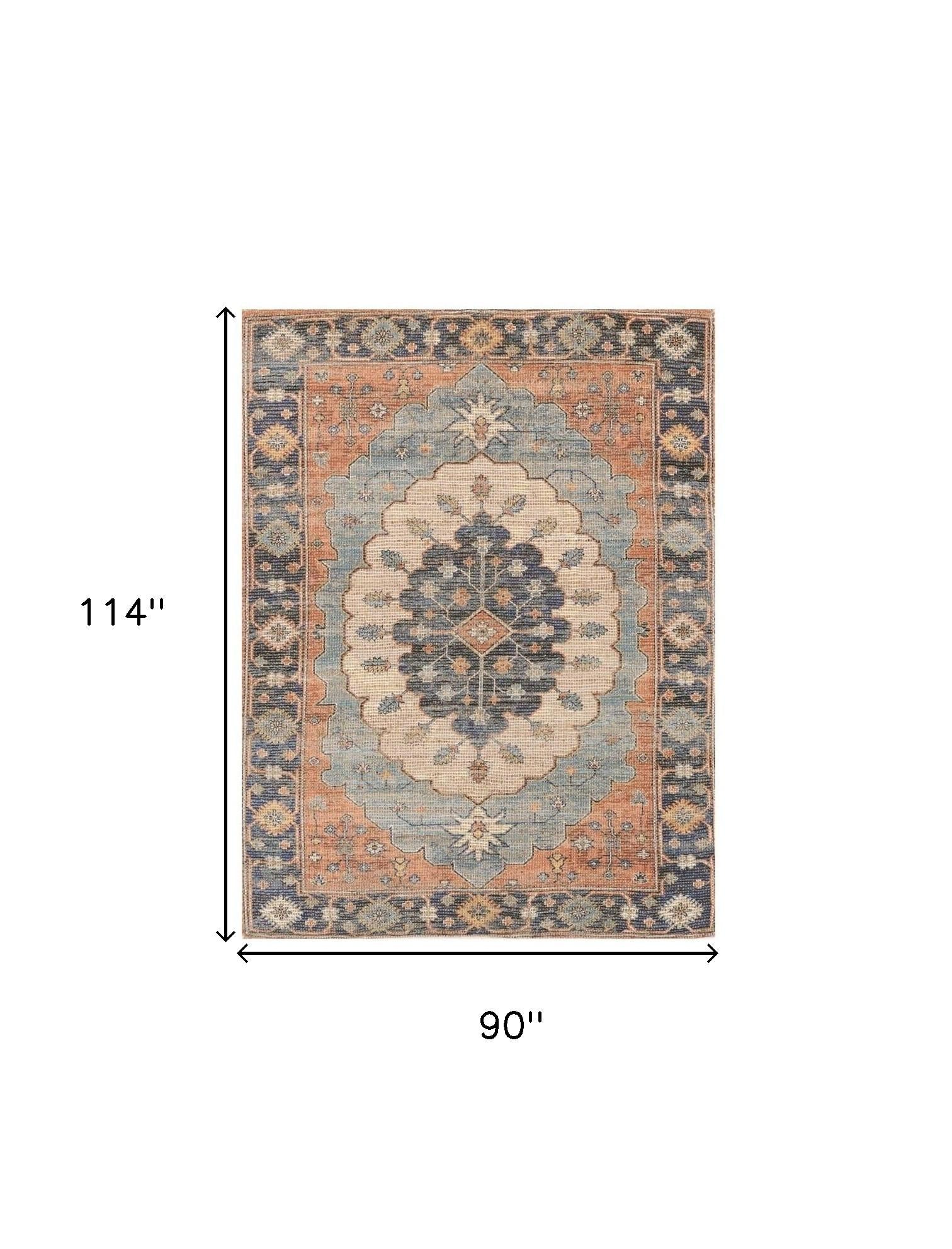 8' X 10' Blue Orange And Black Medallion Hand Woven Distressed Area Rug