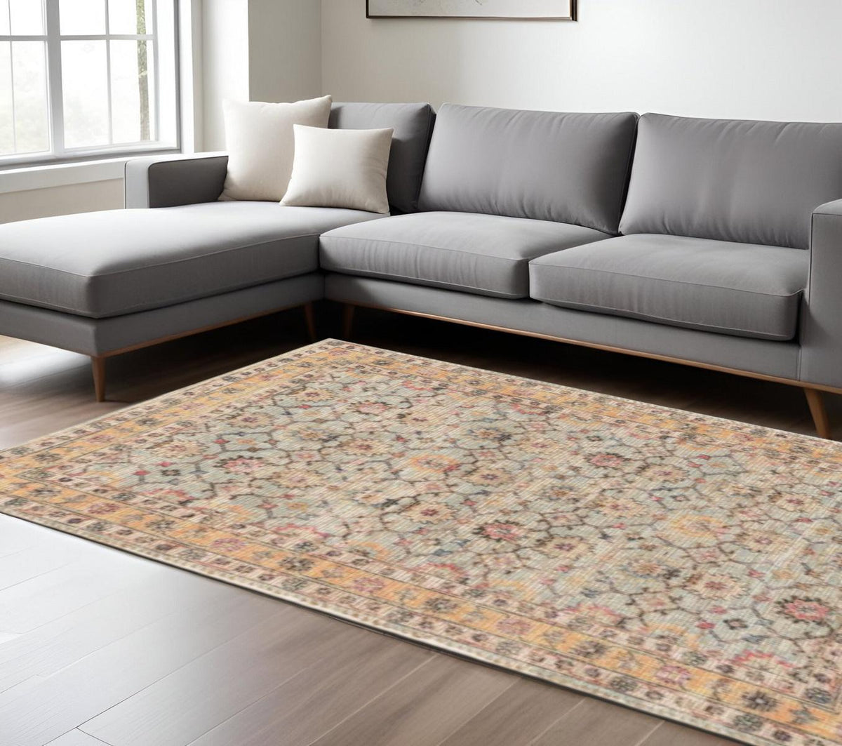 8' X 10' Blue And Beige Jute Floral Hand Woven Area Rug