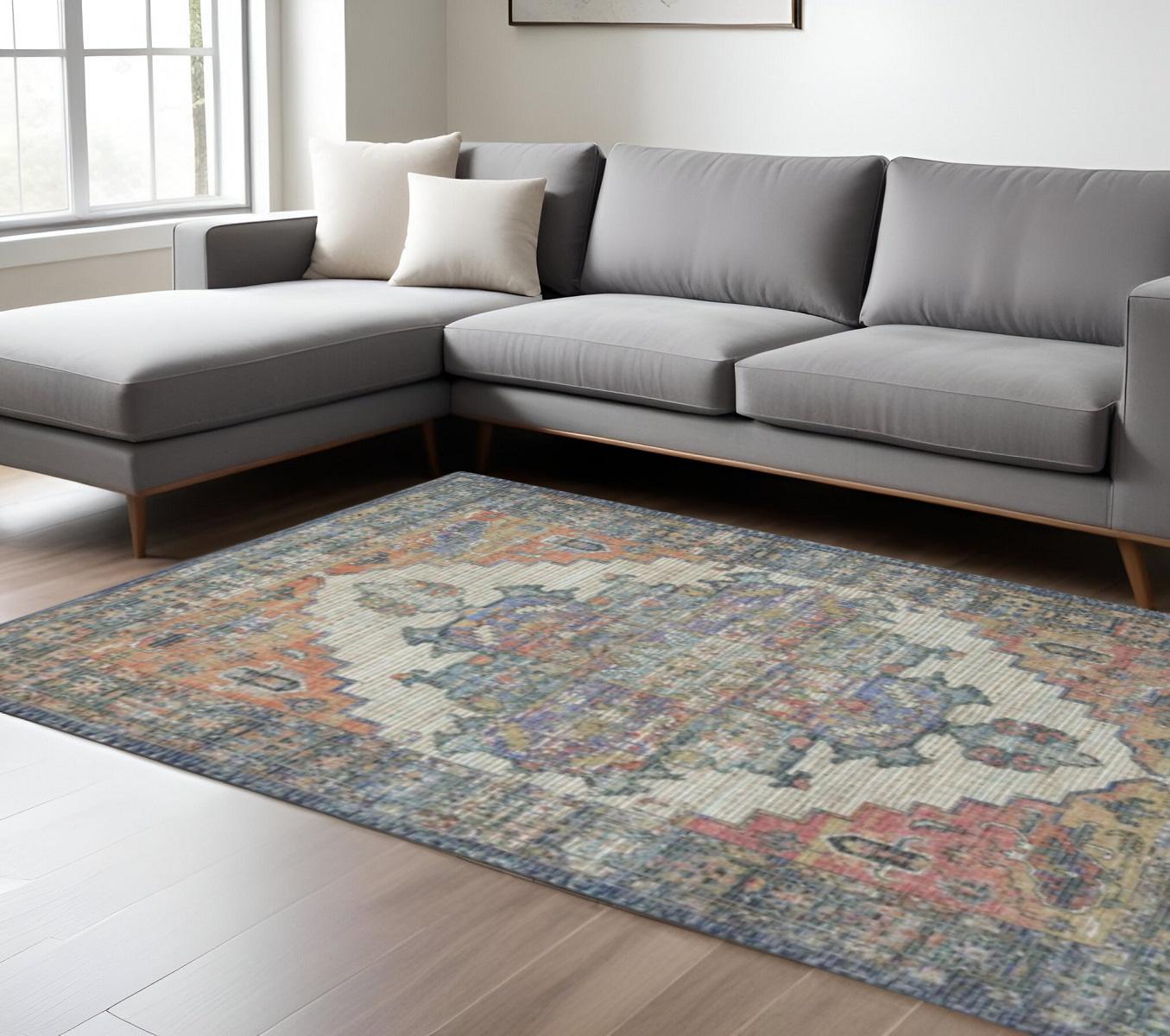 8' X 10' Blue Brick Red And Brown Medallion Hand Woven Distressed Area Rug