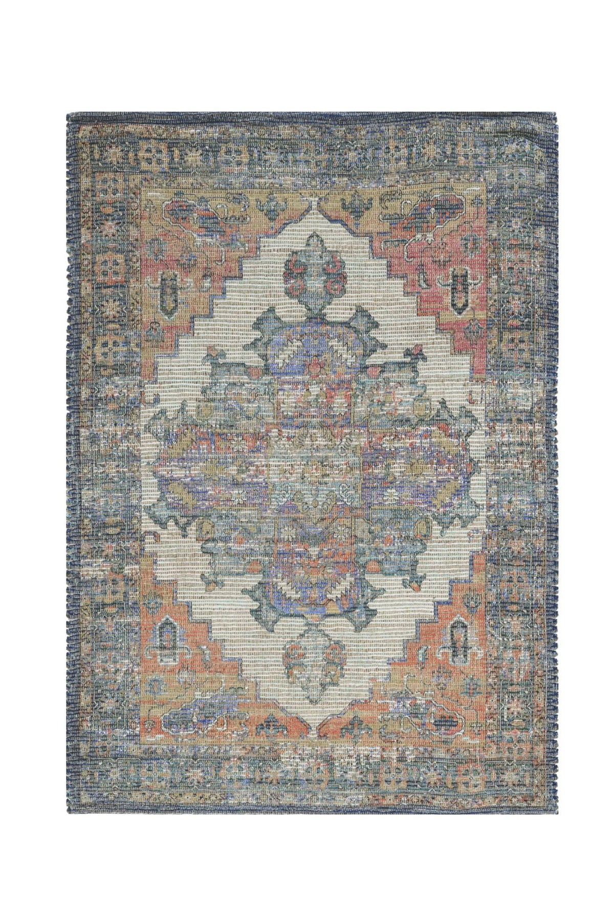8' X 10' Blue Brick Red And Brown Medallion Hand Woven Distressed Area Rug