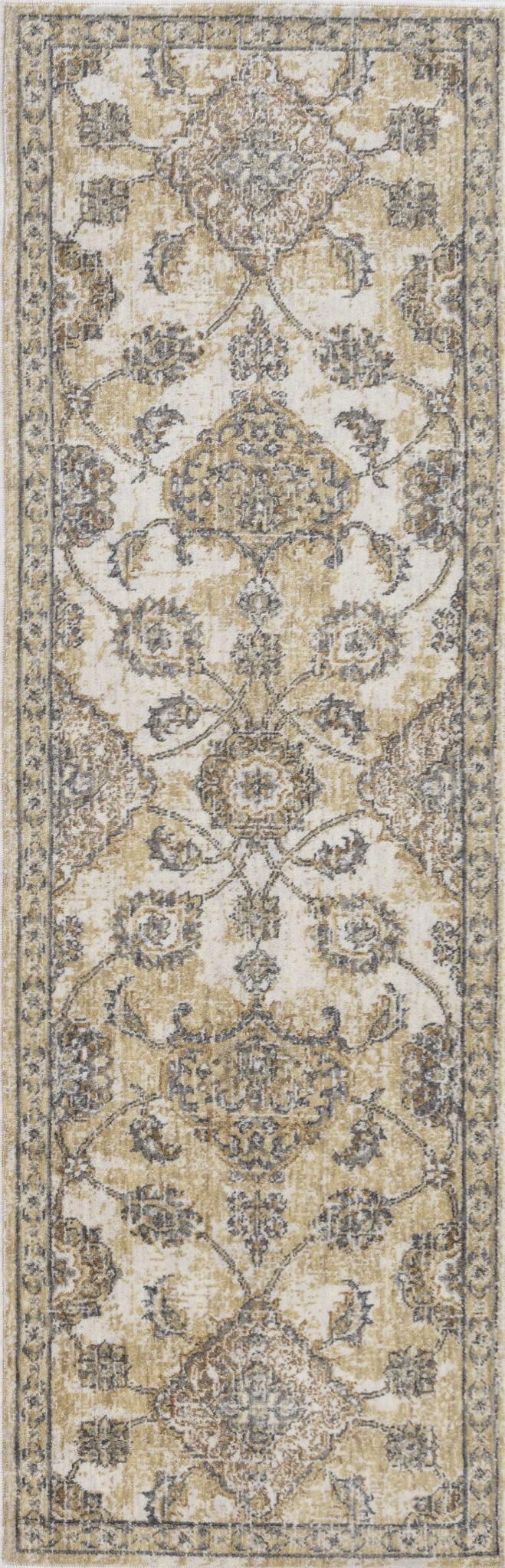 7' Ivory Beige And Gray Wool Floral Medallion Runner Rug