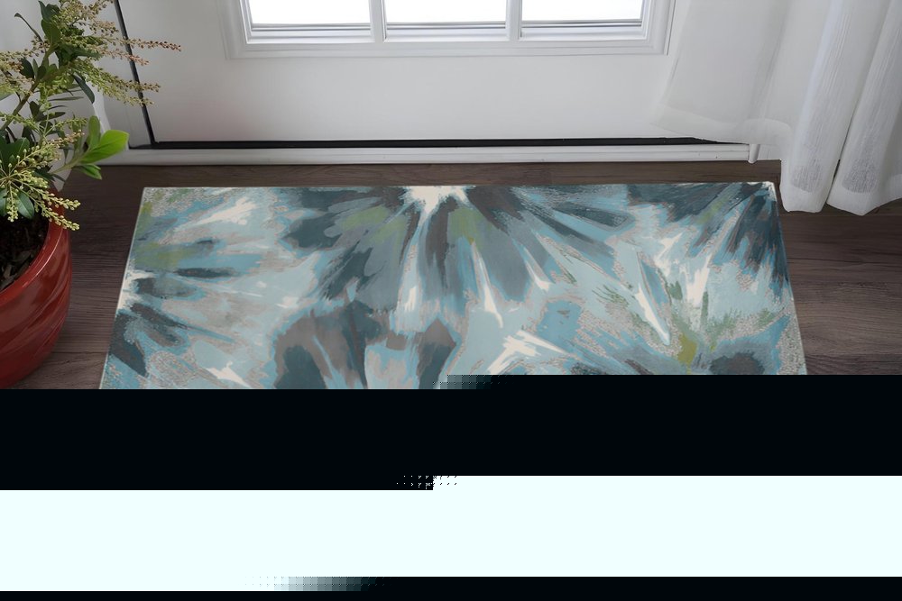 3' X 5' Teal Ivory And Gray Floral Area Rug