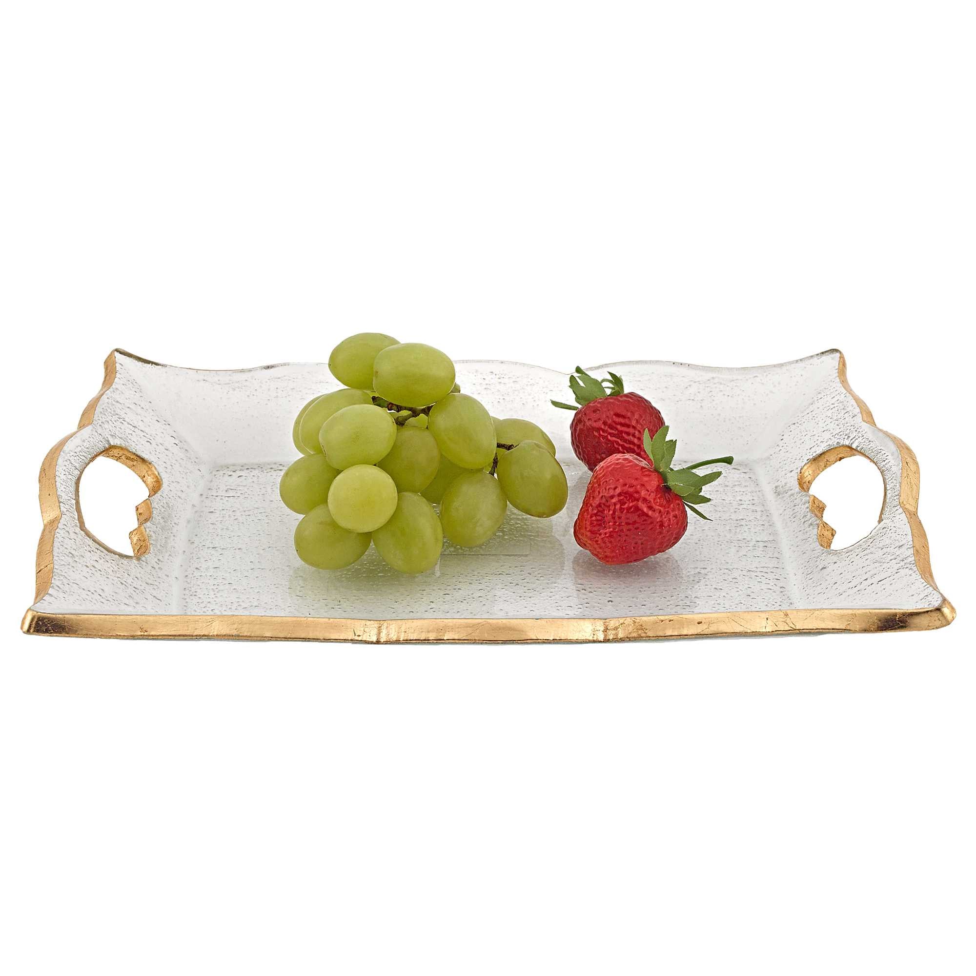 11" Clear And Gold Seeded Glass Serving Tray With Handles