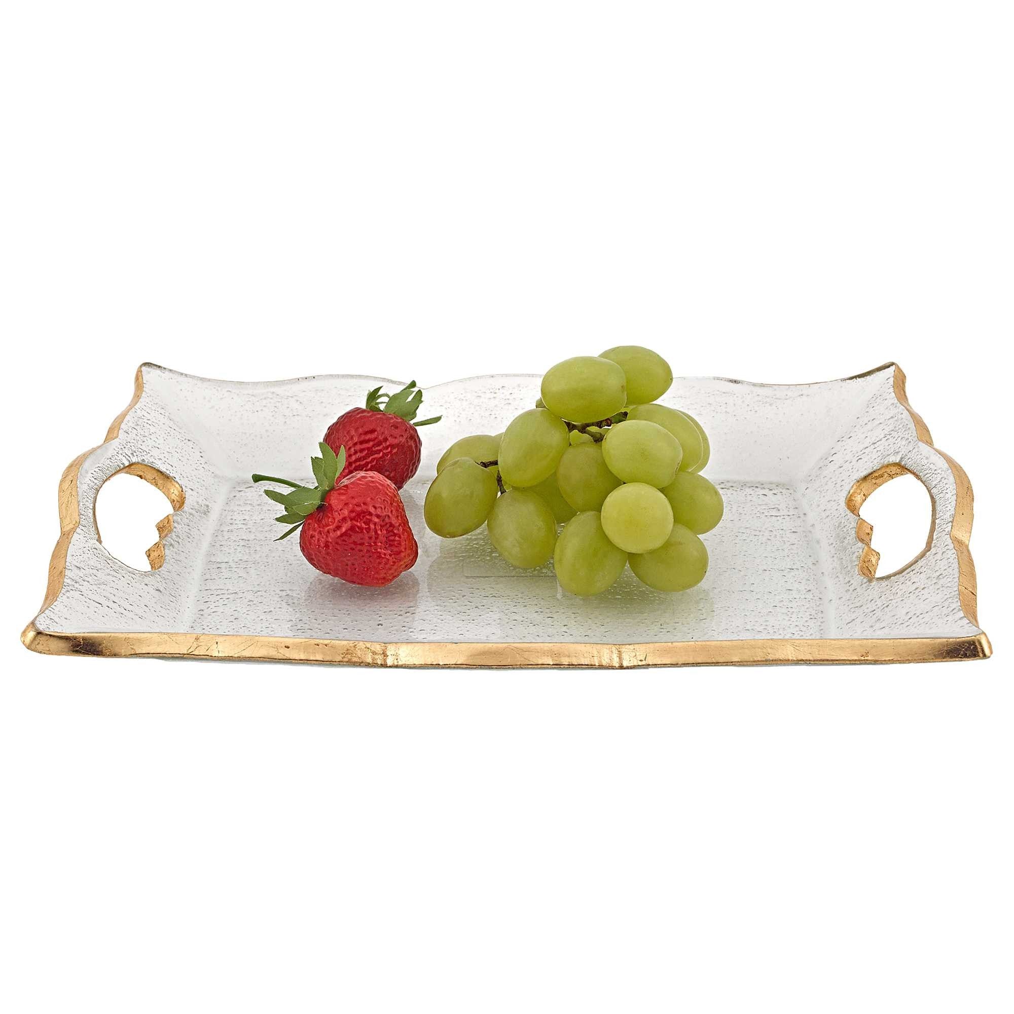 11" Clear And Gold Seeded Glass Serving Tray With Handles