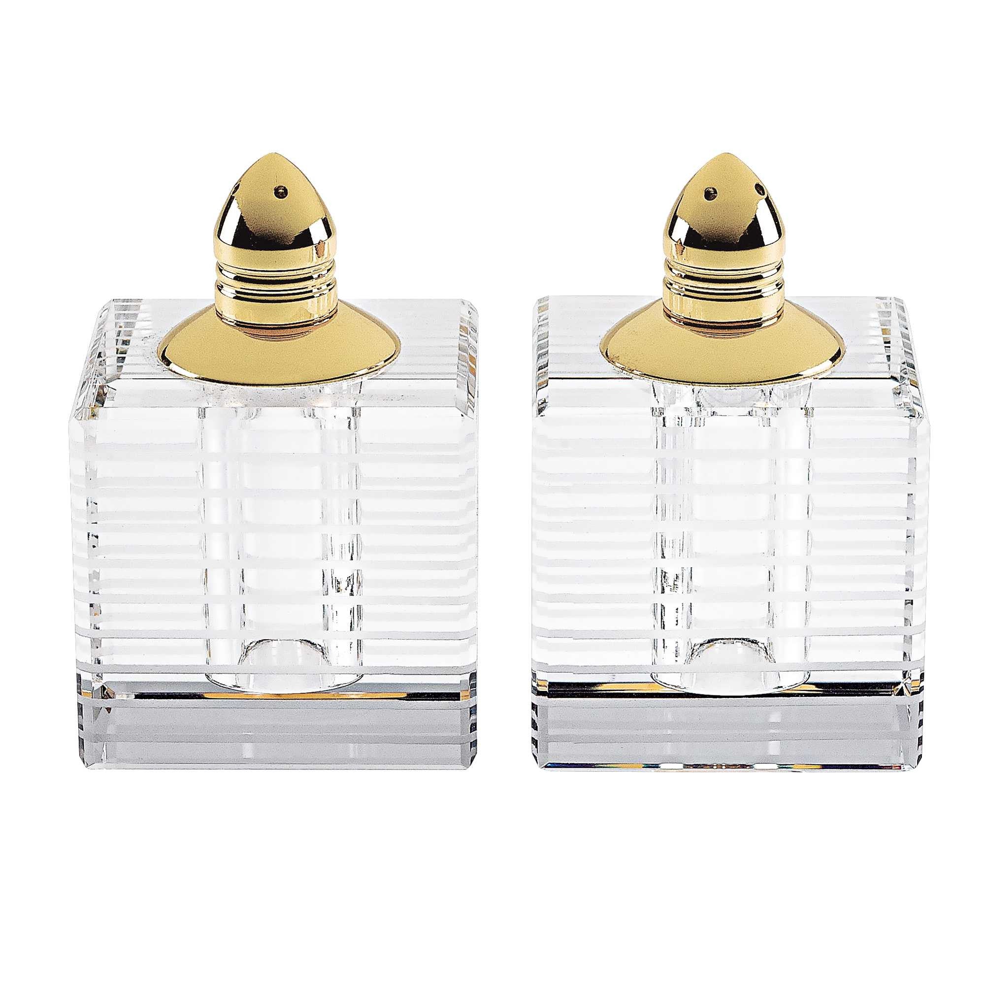 3" Clear Optical Stripe Cut Crystal and Gold Salt and Pepper Shakers