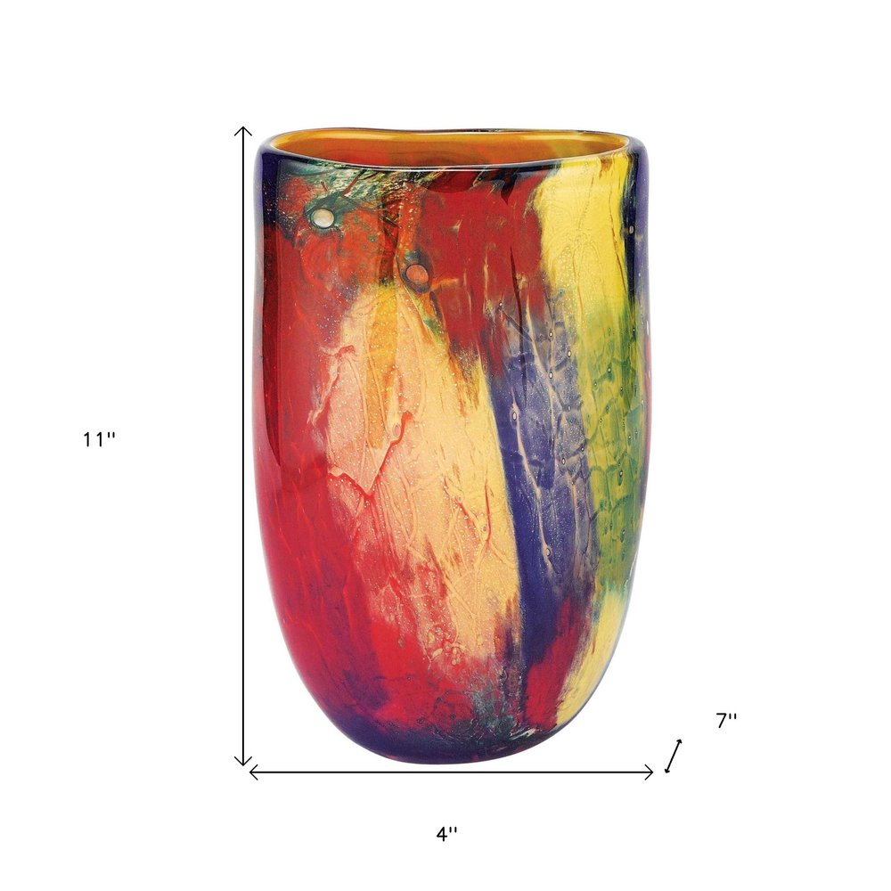 11" Red Purple And Yellow Abstract Oval Murano Glass Table Vase