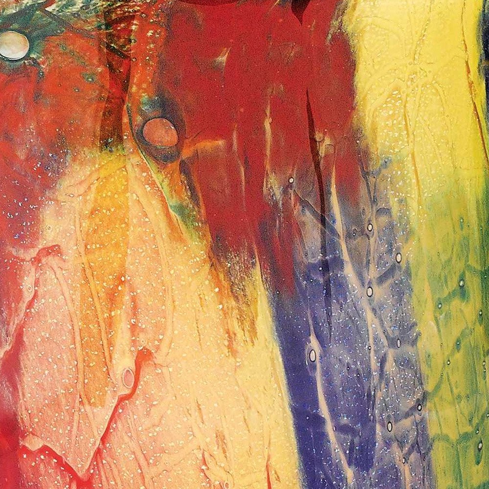 11" Red Purple And Yellow Abstract Oval Murano Glass Table Vase